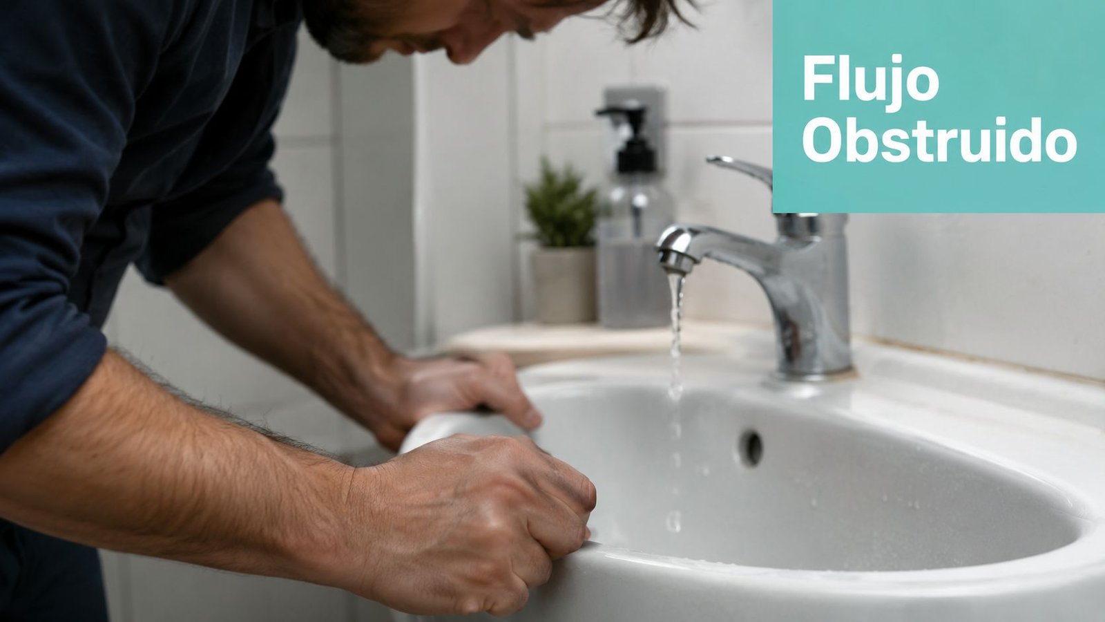 Un hombre inclinado sobre un lavabo observando el flujo de agua en un baño moderno.