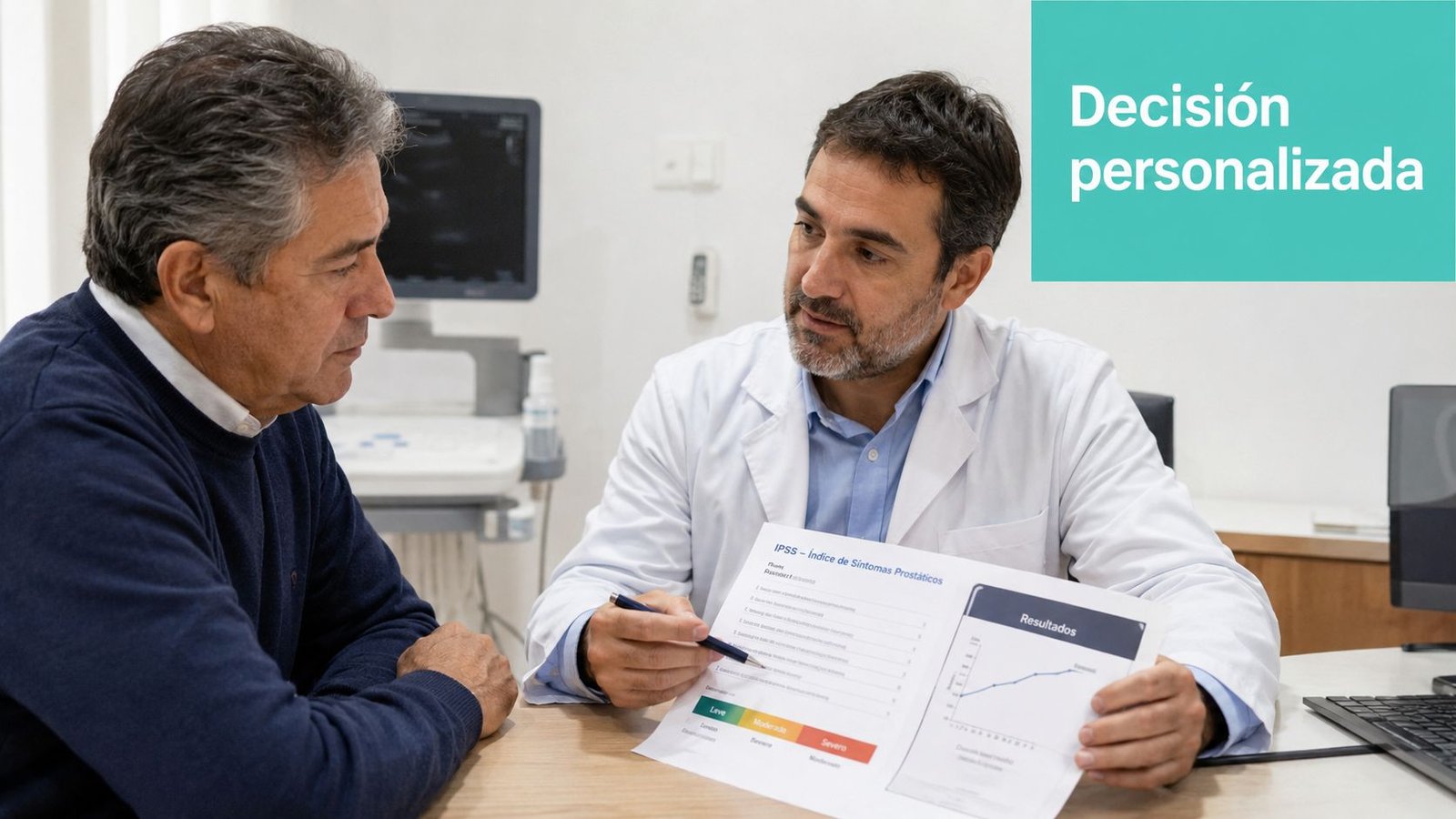 Un doctor explica los resultados de un índice de síntomas prostáticos a un paciente en su consultorio.