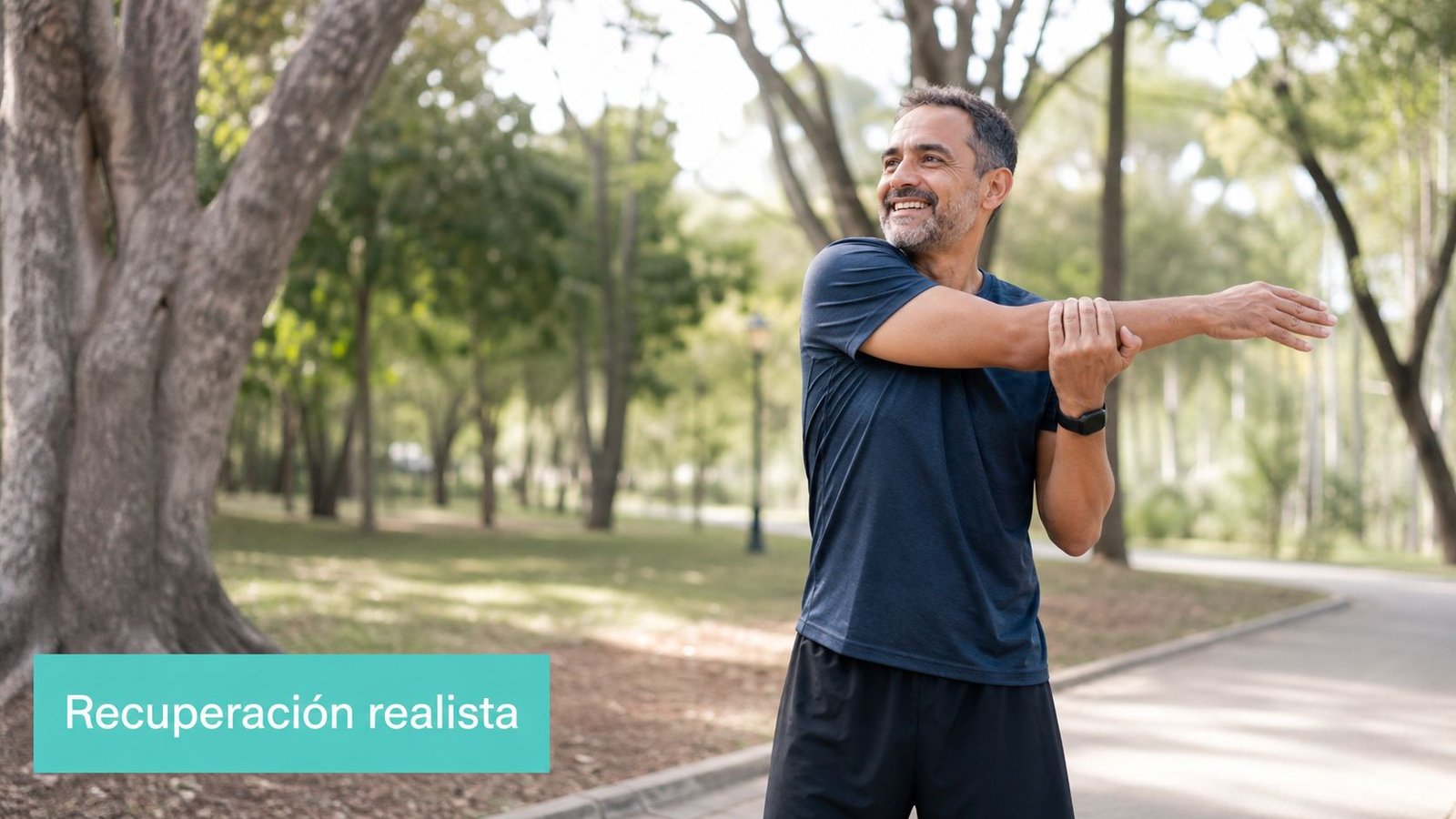 Hombre maduro sonriente realizando ejercicios de estiramiento en un parque como parte de su rutina saludable.
