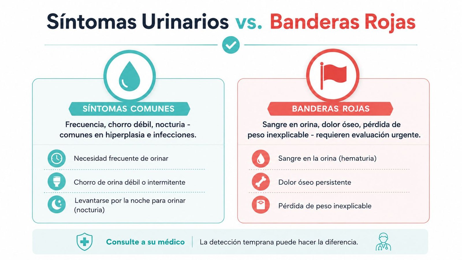 Infografía comparativa sobre síntomas urinarios comunes versus banderas rojas de advertencia que requieren evaluación médica urgente.