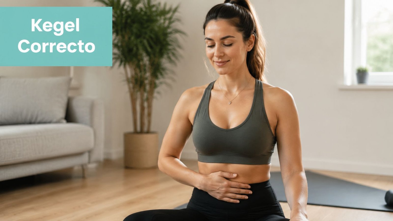 Una mujer practicando ejercicios de Kegel correctamente en casa con ropa deportiva cómoda en una sala