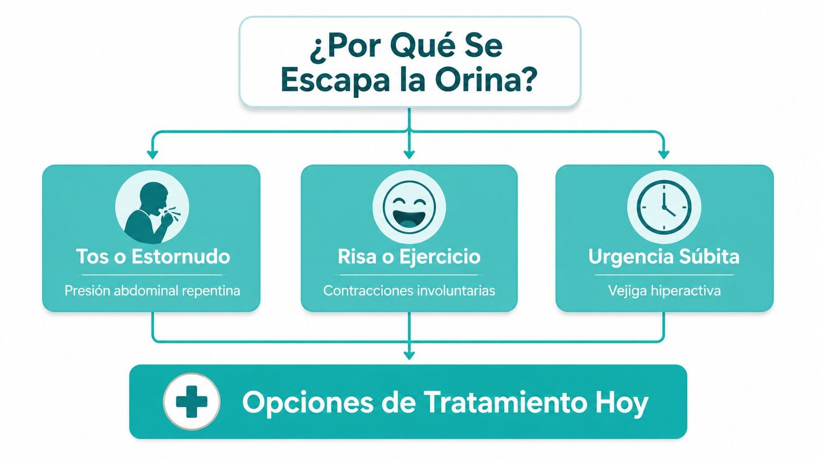 Diagrama explicativo sobre las causas del escape de orina y las opciones de tratamiento disponibles actualmente.