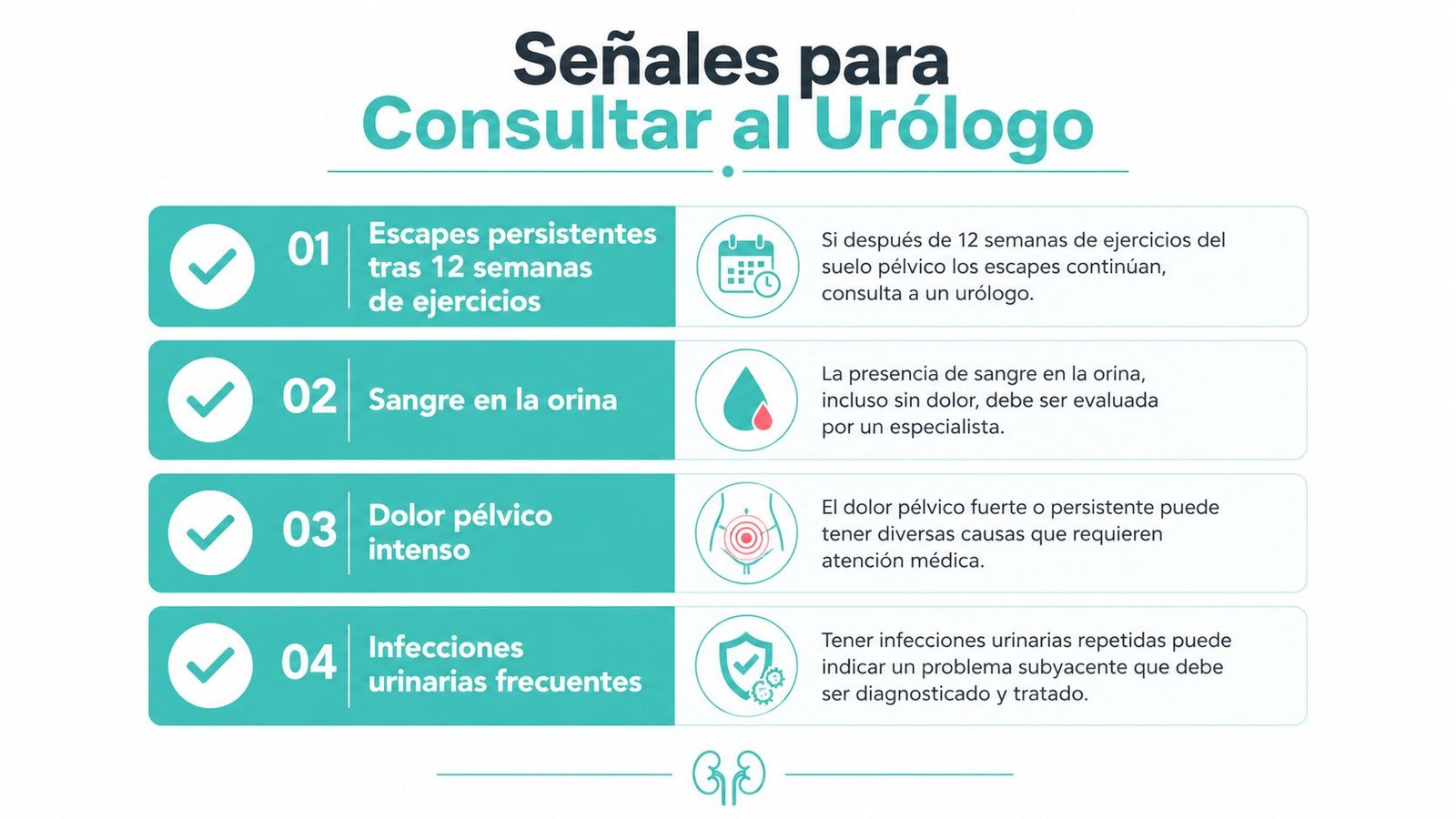 Infografía con cuatro señales de advertencia clave para consultar a un urólogo y buscar atención médica profesional.