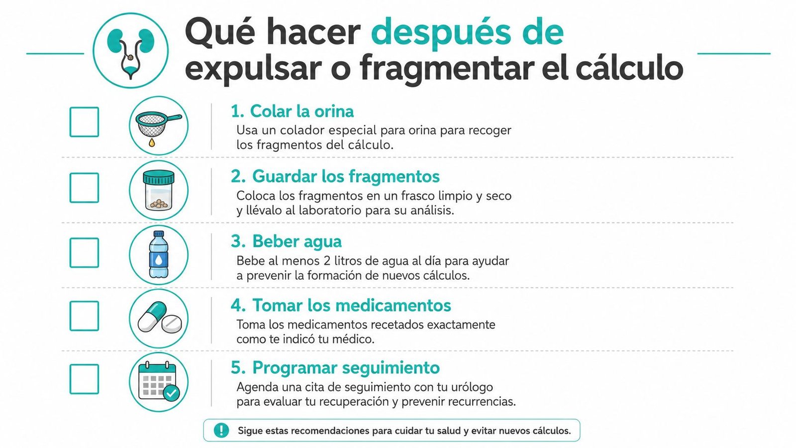 Infografía sobre los pasos recomendados a seguir tras expulsar o fragmentar cálculos renales para prevenir recurrencias.