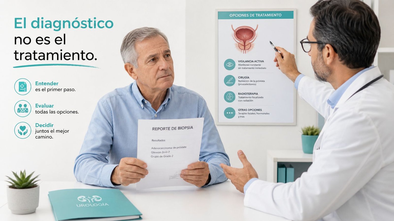Un urólogo explica las opciones de tratamiento del cáncer de próstata a un paciente en su consultorio.