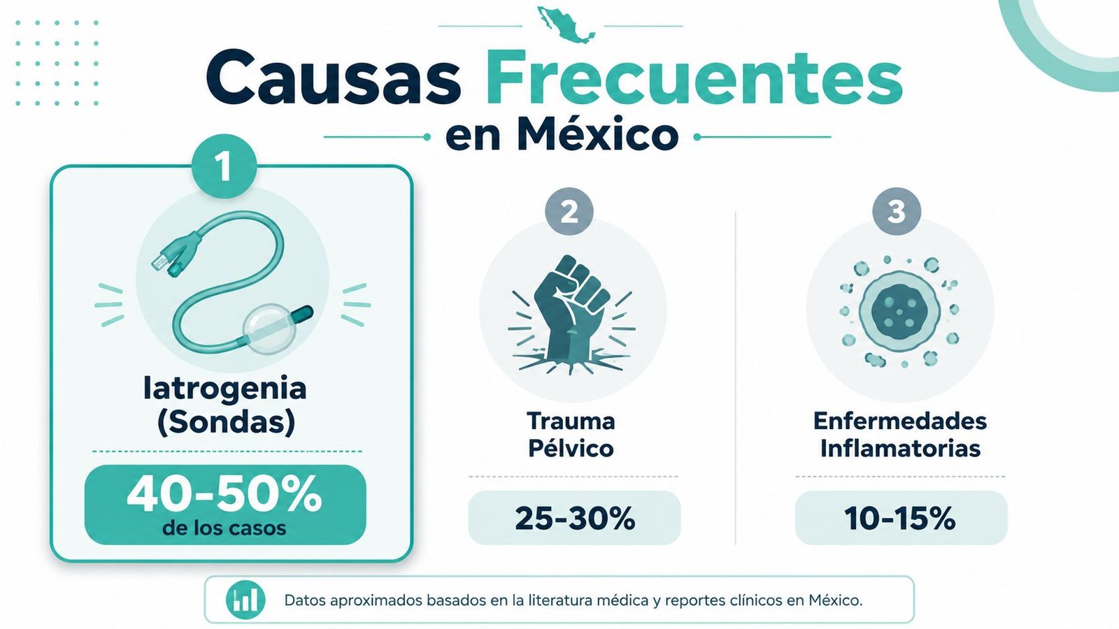 Infografía sobre las causas frecuentes de la estenosis uretral en México, incluyendo iatrogenia, trauma y enfermedades inflamatorias.