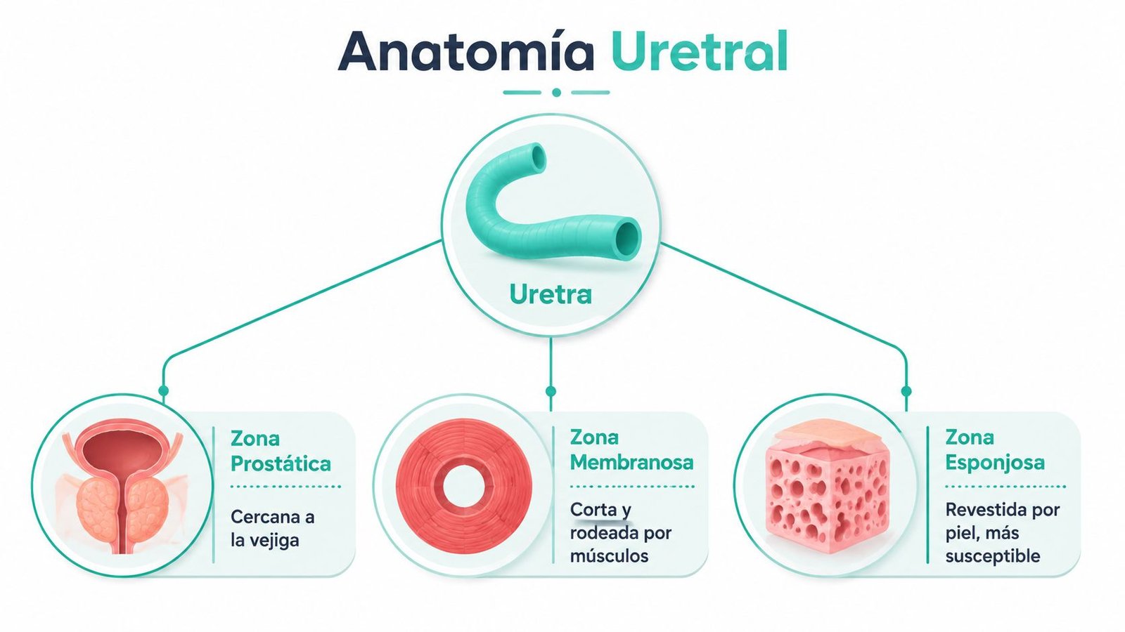 Diagrama educativo de la anatomía uretral masculina que muestra las zonas prostática, membranosa y esponjosa de la uretra.