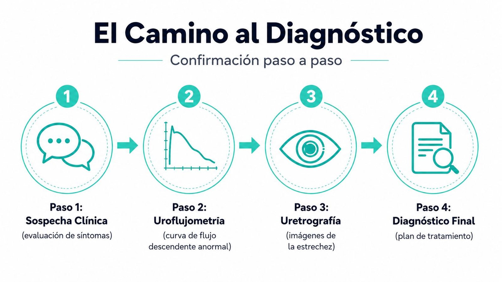 Diagrama del camino al diagnóstico de la estenosis uretral mostrando cuatro pasos clínicos desde la sospecha hasta el tratamiento.