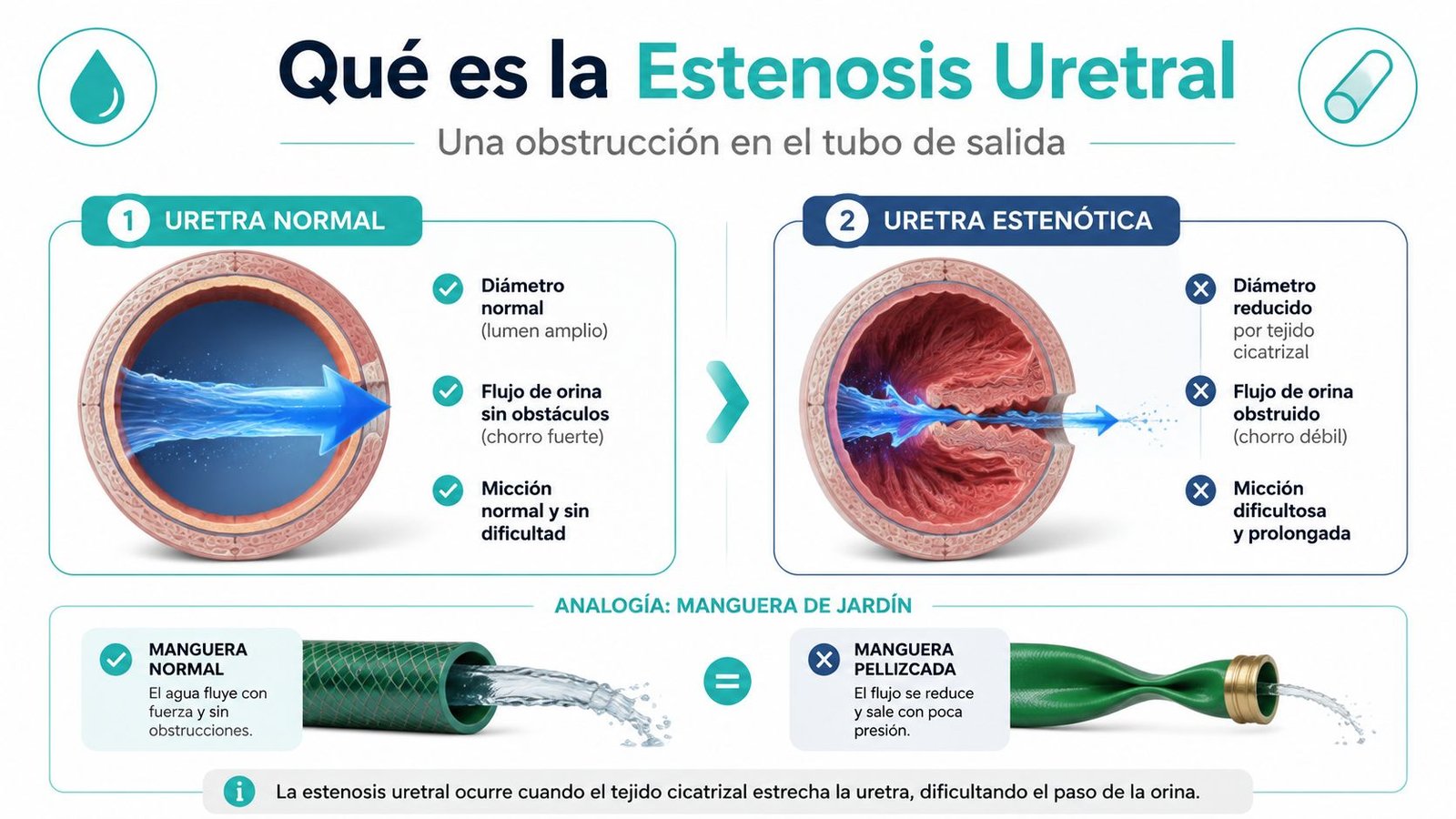 Diagrama médico que explica la estenosis uretral comparando una uretra normal con una obstruida mediante tejido cicatrizal.