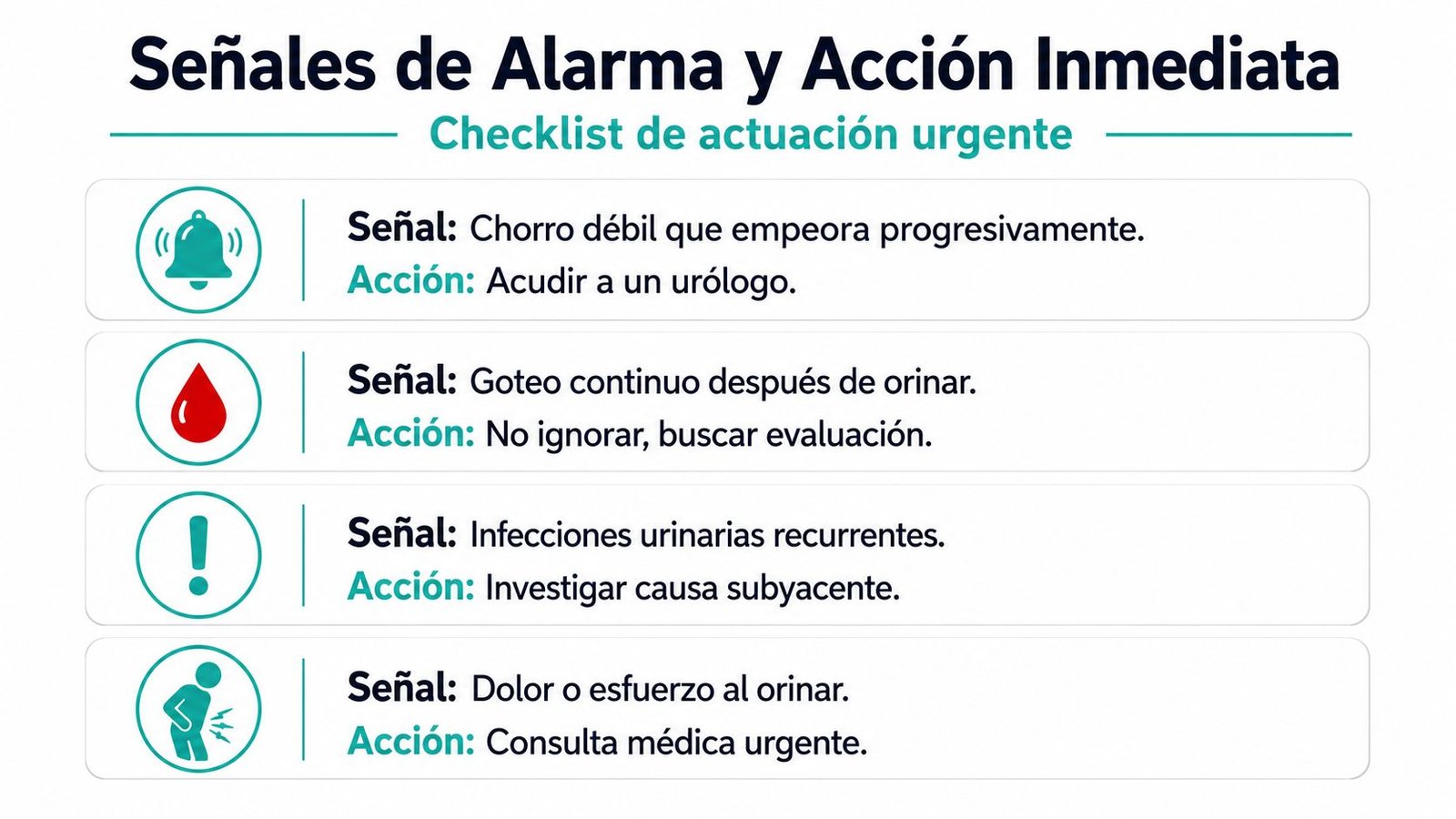 Lista de verificación sobre síntomas de estenosis uretral que requieren atención médica urgente e inmediata.