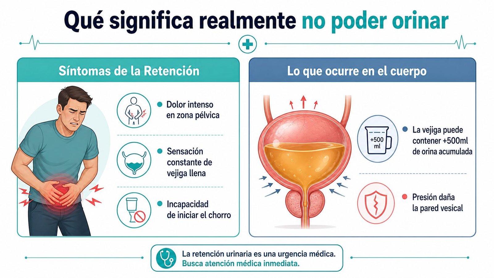 Infografía sobre la retención urinaria, mostrando síntomas físicos y efectos dañinos en la vejiga del cuerpo humano.