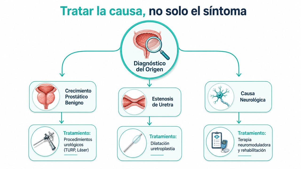 Diagrama médico que explica el tratamiento de la retención urinaria abordando la causa original del problema.