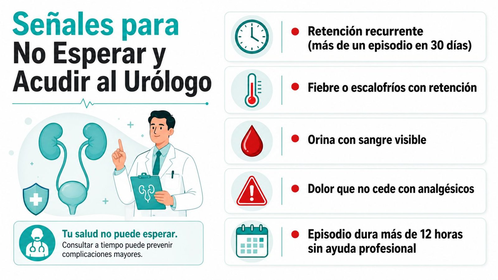 Infografía médica sobre señales de alerta de retención urinaria que requieren atención urgente de un urólogo.