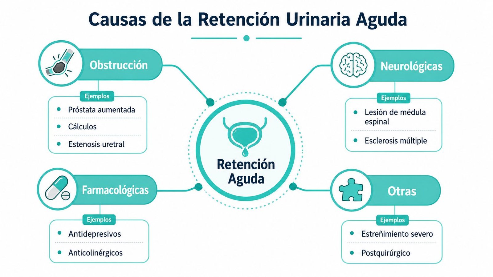 Infografía que muestra las principales causas de la retención urinaria aguda, incluyendo factores obstructivos, neurológicos, farmacológicos y otros.