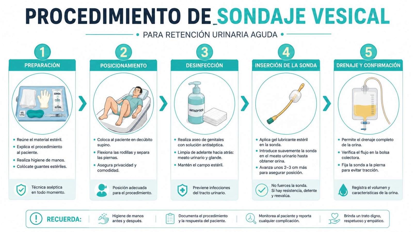 Infografía sobre los pasos del procedimiento de sondaje vesical para tratar la retención urinaria aguda en pacientes.