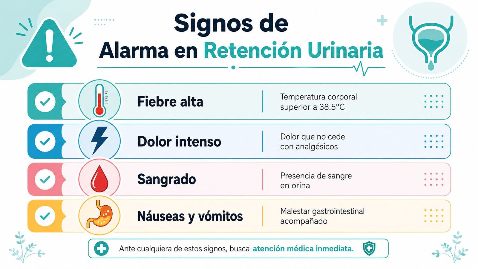 Infografía sobre signos de alarma en retención urinaria, recomendando buscar atención médica inmediata ante síntomas graves.