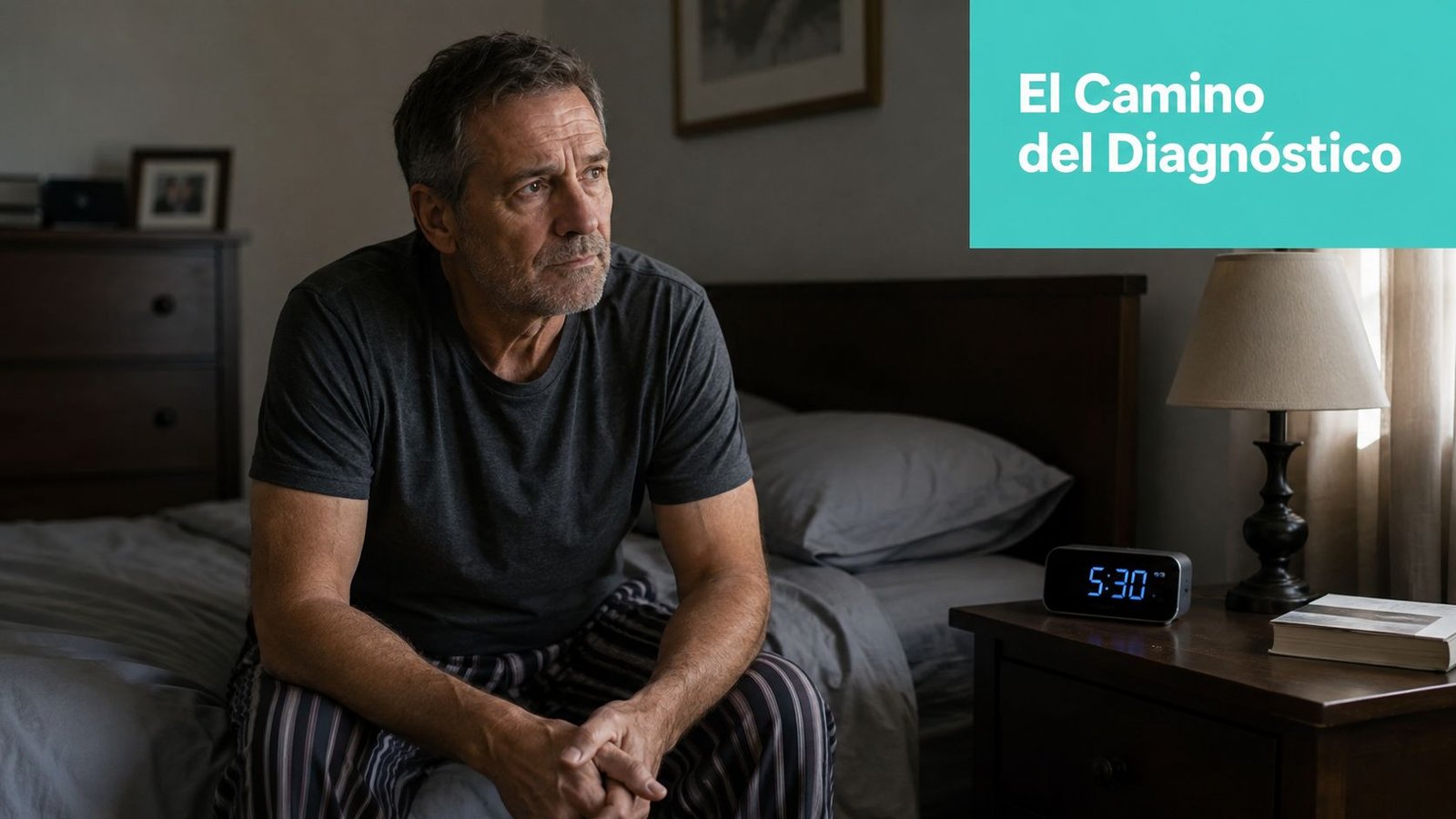 Hombre de mediana edad sentado en la cama temprano en la mañana luciendo preocupado y pensativo.