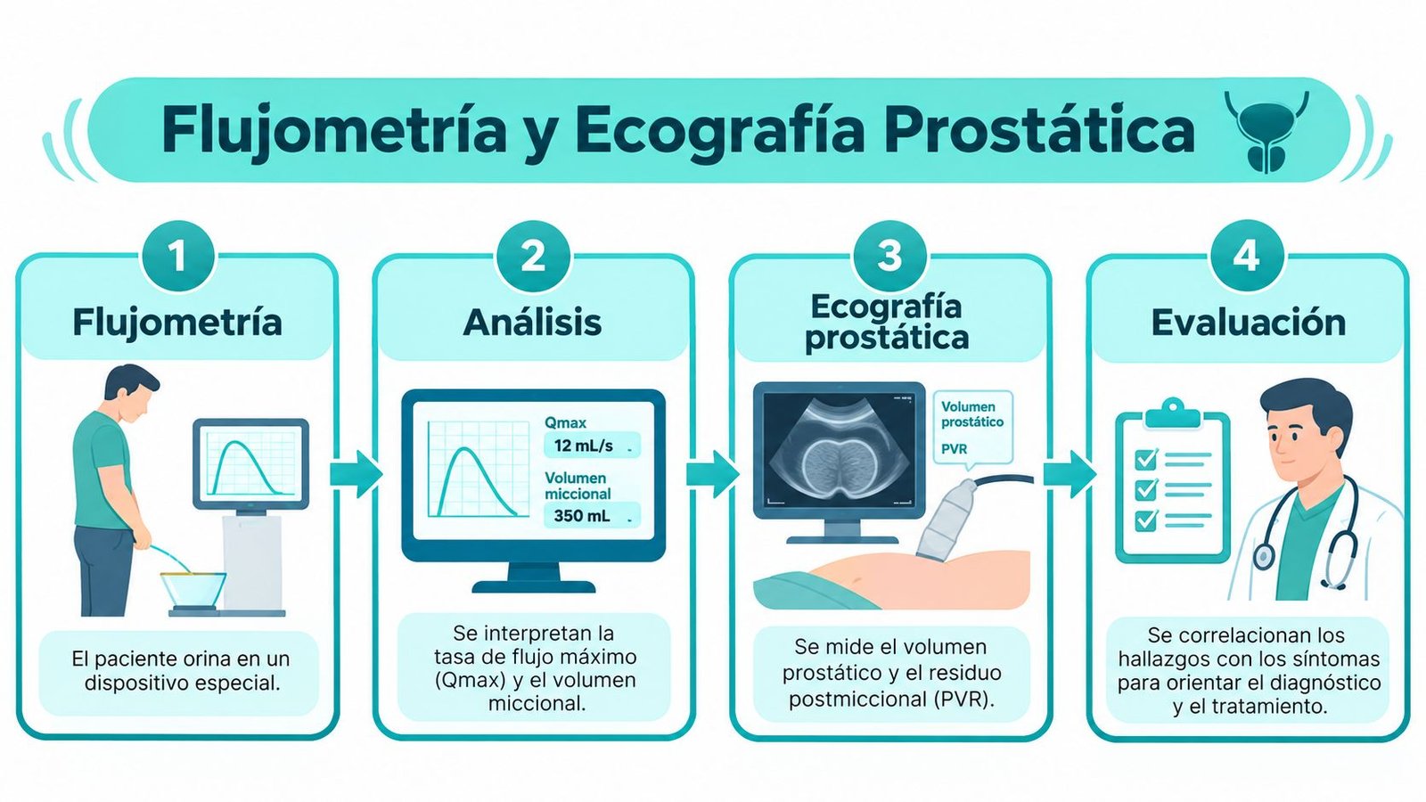 Diagrama paso a paso sobre el proceso de diagnóstico de hiperplasia prostática benigna mediante flujometría y ecografía.