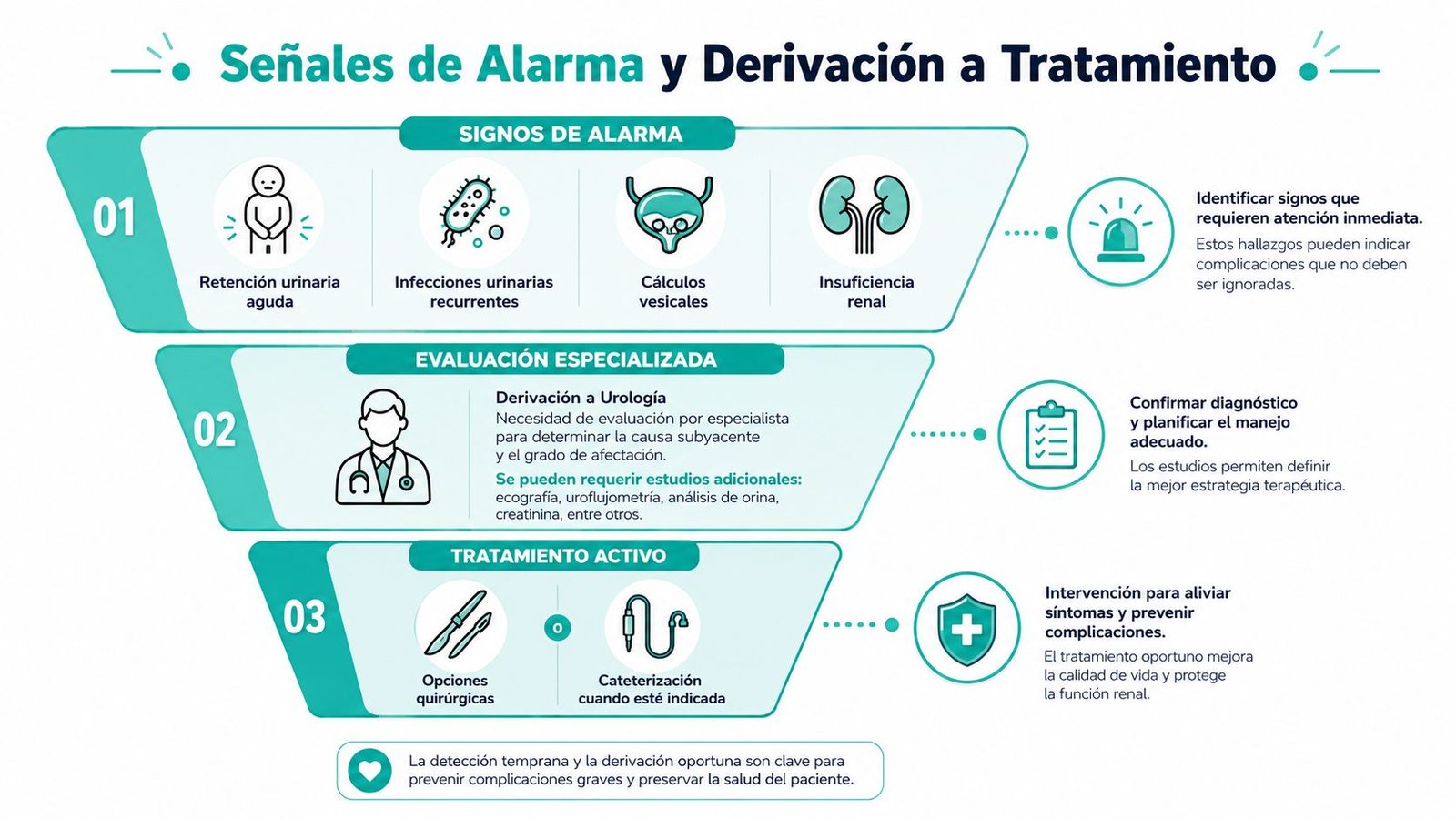 Infografía sobre señales de alarma, evaluación especializada y tratamiento para condiciones urológicas como la hiperplasia prostática benigna.