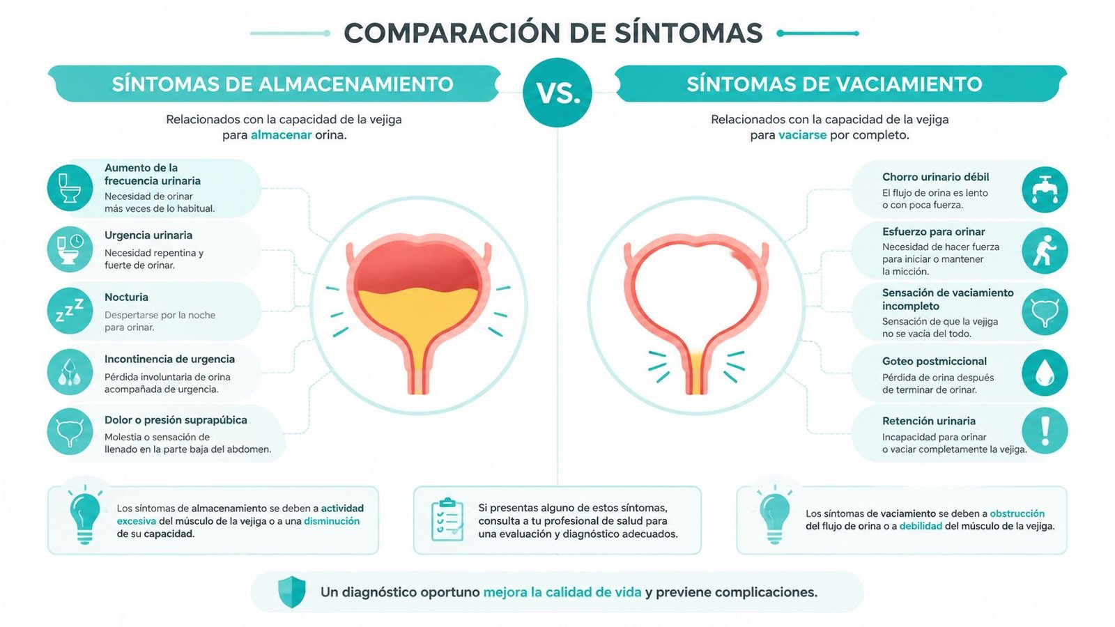 Infografía comparativa que muestra los síntomas de almacenamiento y vaciamiento urinario relacionados con la salud de la vejiga.
