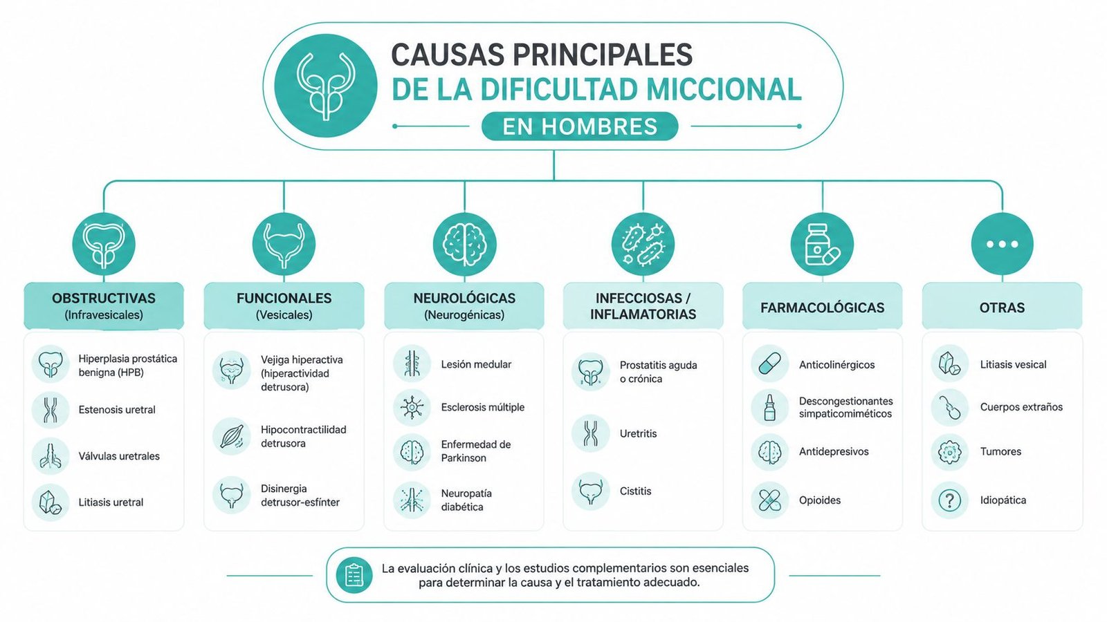 Infografía sobre las causas principales de la dificultad para orinar en hombres organizada por categorías clínicas.