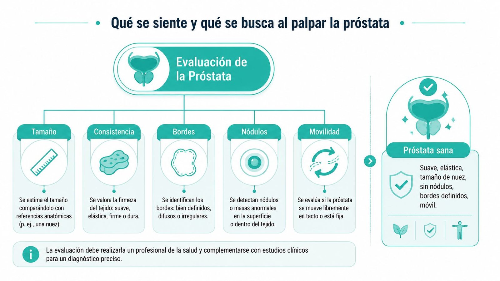 Infografía sobre los aspectos evaluados durante el examen físico de próstata y características de una próstata sana.