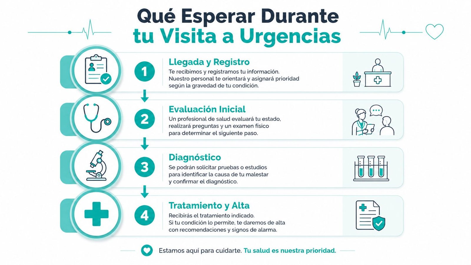 Infografía paso a paso sobre qué esperar durante una visita al servicio de urgencias médicas hospitalarias.