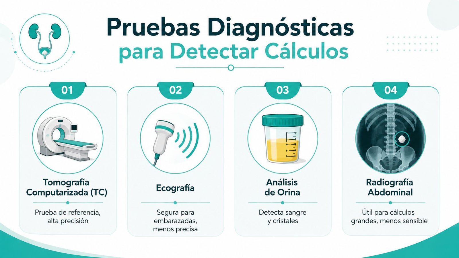 Infografía sobre pruebas diagnósticas para detectar cálculos renales, incluyendo tomografía, ecografía, análisis de orina y radiografía abdominal.