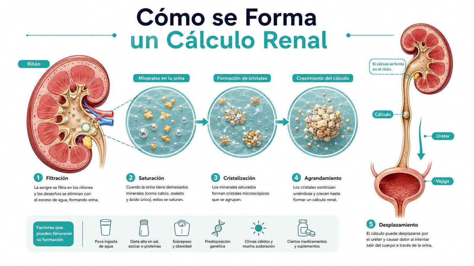 Infografía detallando el proceso paso a paso de cómo se forman los cálculos renales en el cuerpo humano.