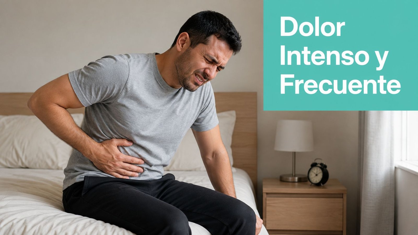 Hombre sentado en la cama sufriendo un dolor abdominal intenso, sugiriendo posibles problemas de salud.