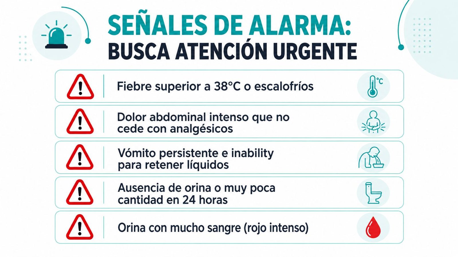 Gráfico informativo con señales de alarma médica que indican la necesidad de buscar atención urgente de inmediato.
