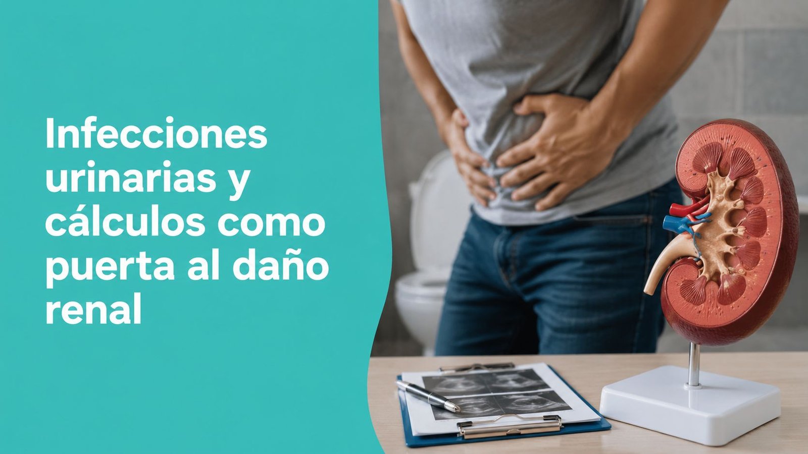 Hombre sosteniendo su abdomen con dolor cerca de un modelo anatómico de riñón y un informe médico.
