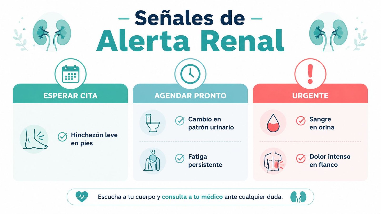 Infografía sobre señales de alerta renal categorizadas por niveles de urgencia para consultar al médico.