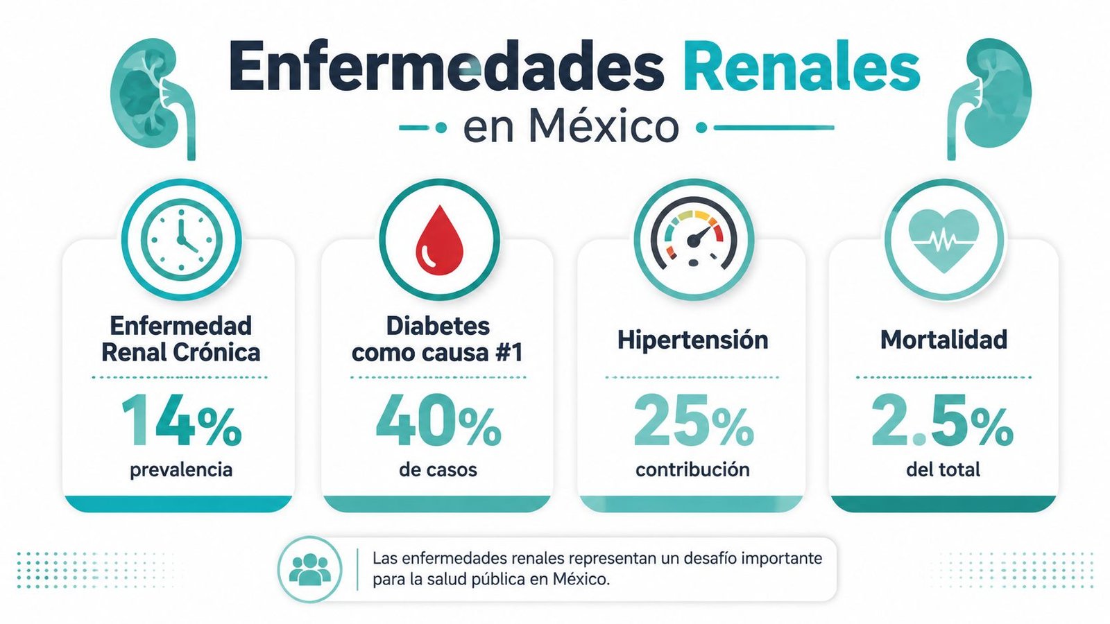 Infografía sobre la prevalencia de enfermedades renales, diabetes, hipertensión y mortalidad en la población de México.