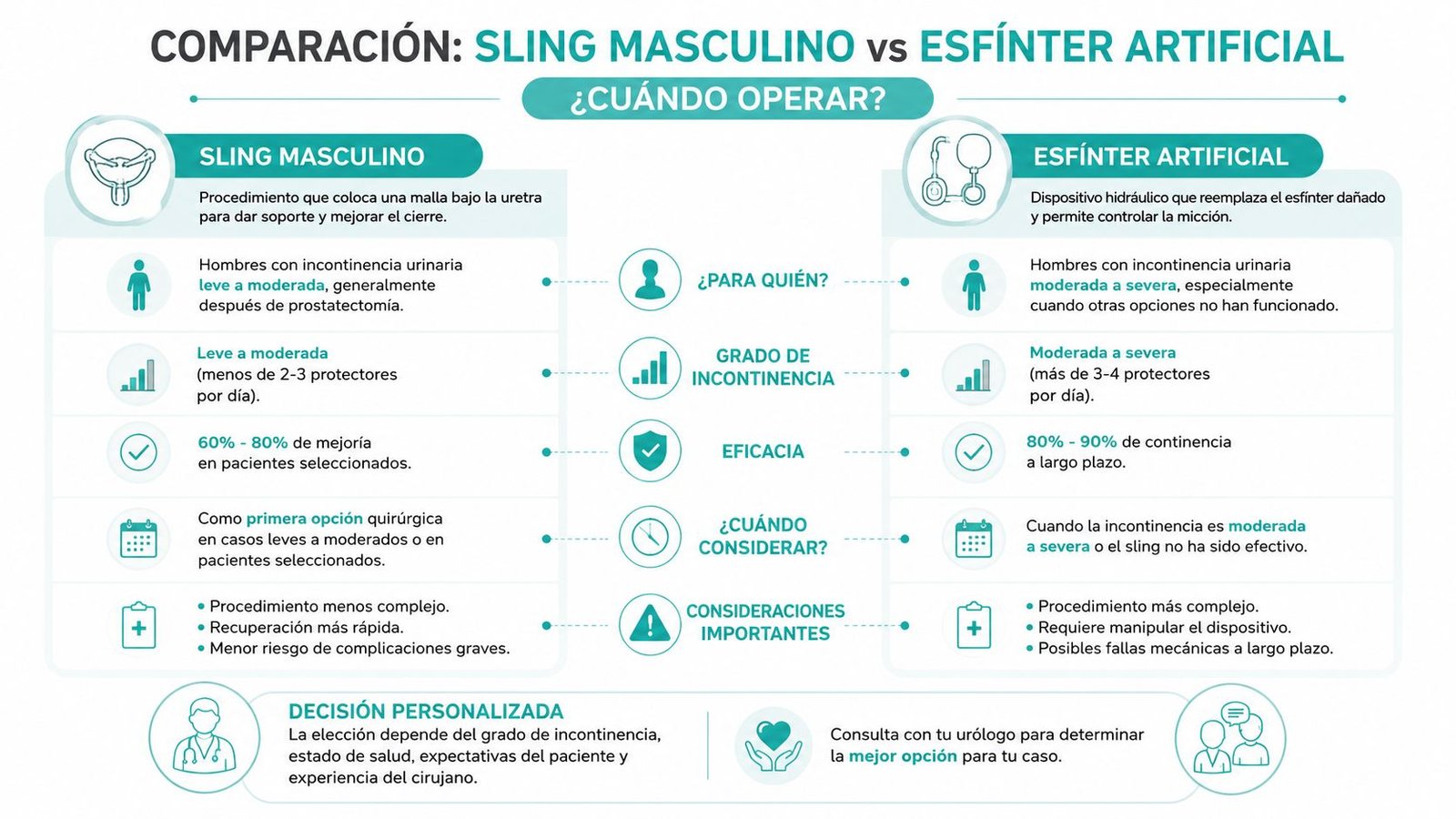 Infografía comparativa entre el sling masculino y el esfínter artificial para el tratamiento de la incontinencia urinaria masculina.