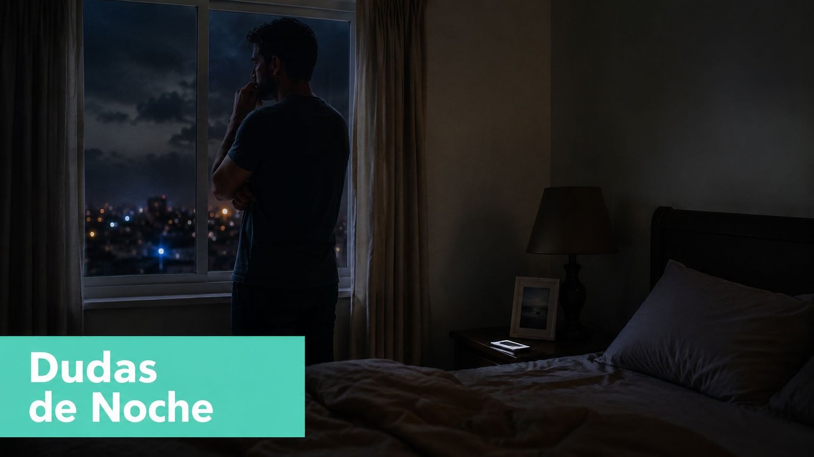 Un hombre mirando por la ventana de su dormitorio durante la noche, pensando profundamente en su salud