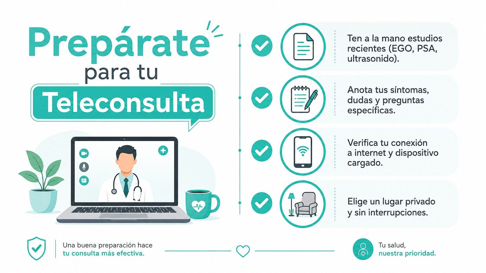 Infografía con consejos para prepararse adecuadamente antes de tener una cita médica a través de teleconsulta virtual.