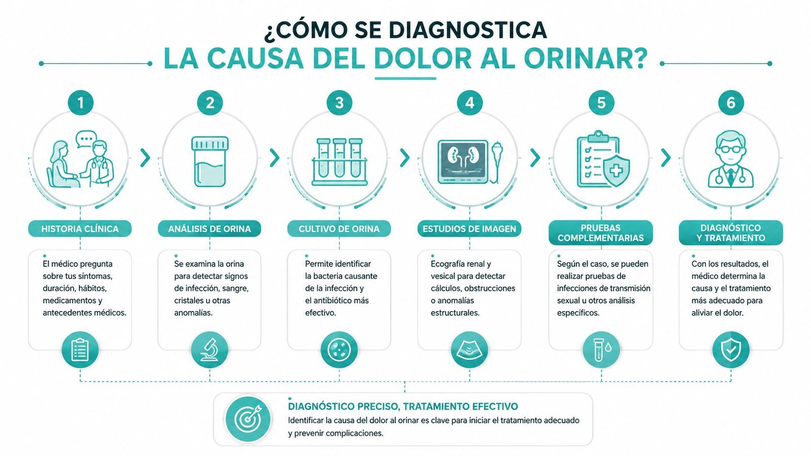 Infografía que explica los seis pasos médicos necesarios para diagnosticar la causa del dolor al orinar.