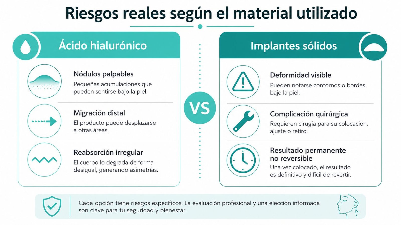 Infografía comparativa sobre los riesgos reales del uso de ácido hialurónico frente a los implantes sólidos.