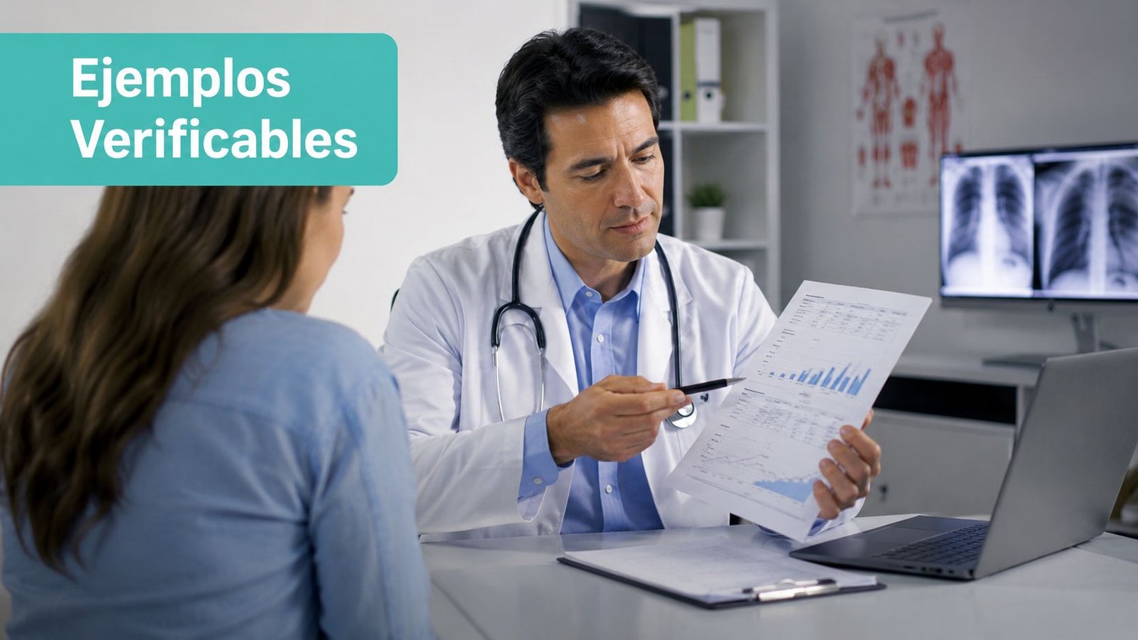 Un doctor explicando un informe médico con gráficas a una paciente en su consultorio profesional.