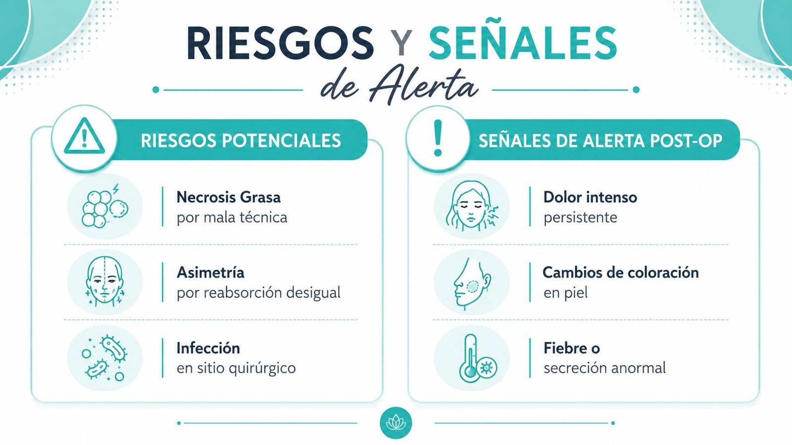 Infografía sobre riesgos y señales de alerta postoperatorias para procedimientos de cirugía estética facial.