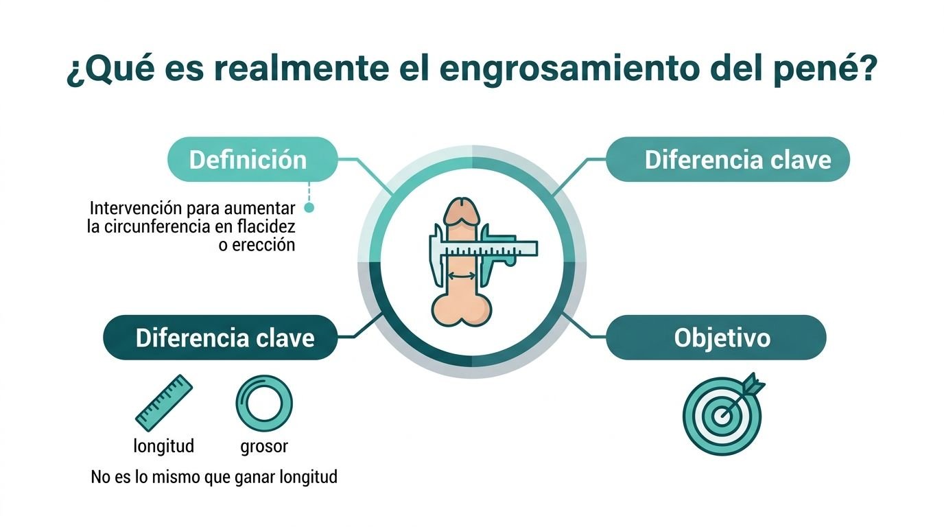 Gráfico explicativo sobre el procedimiento de engrosamiento del pene, diferenciando claramente entre grosor y longitud.