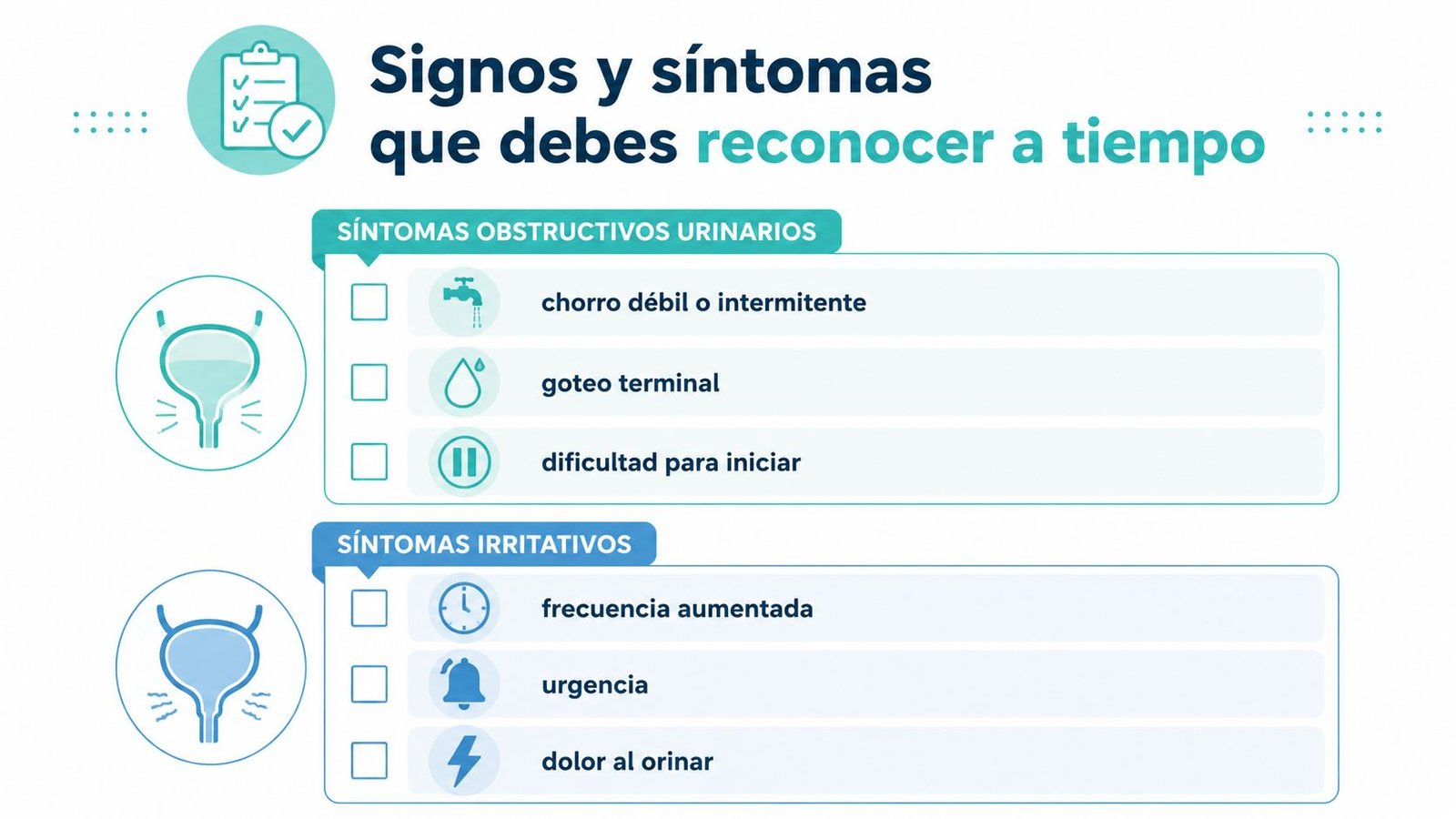 Infografía que muestra los signos obstructivos e irritativos urinarios para identificar posibles problemas de próstata a tiempo.