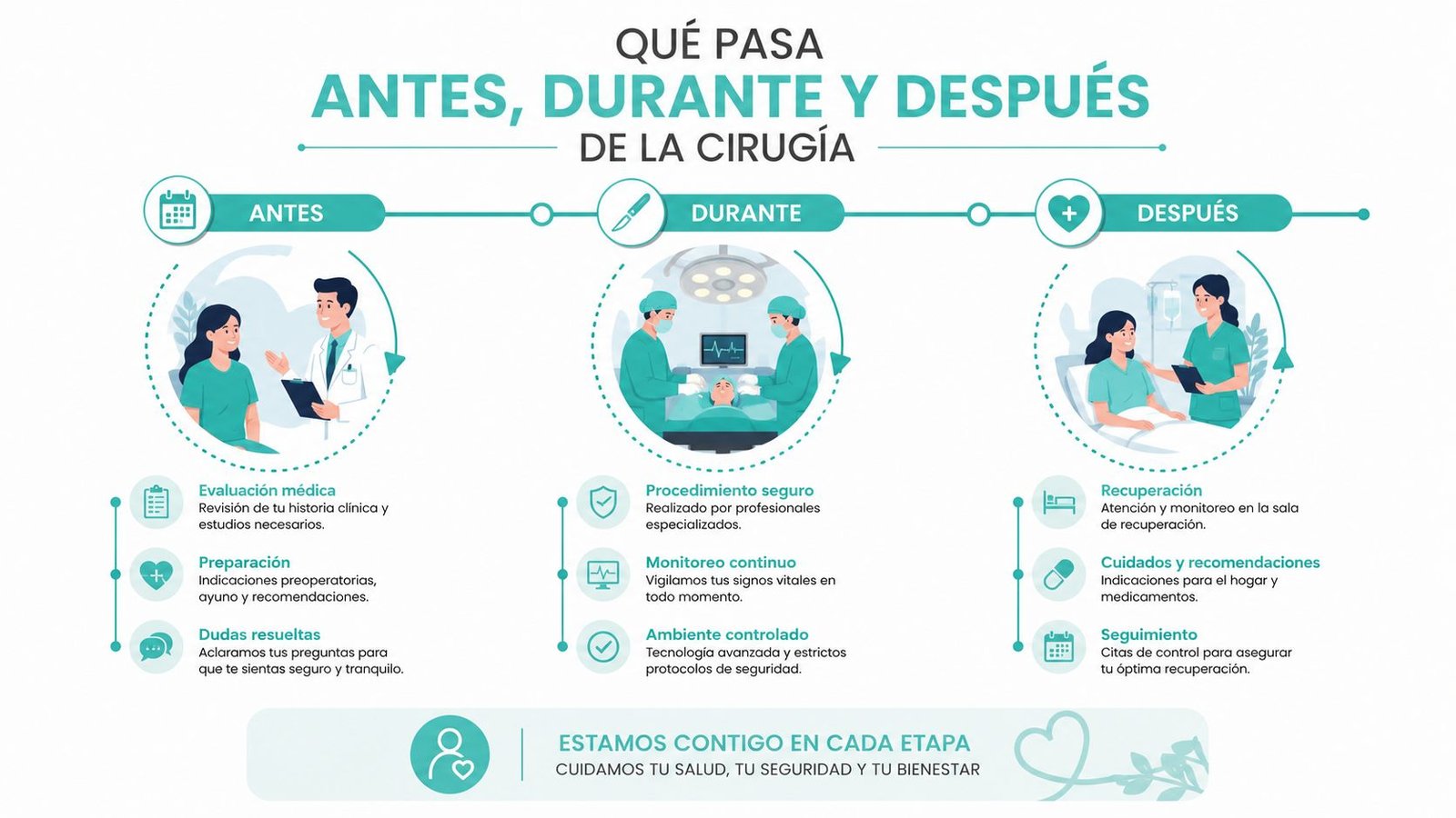 Infografía sobre el proceso quirúrgico, detallando las etapas antes, durante y después de la cirugía.