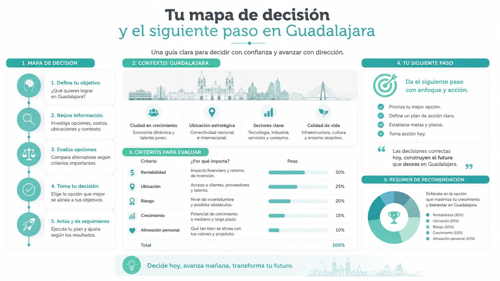 Infografía sobre el proceso de toma de decisiones estratégicas para negocios y proyectos en la ciudad de Guadalajara.