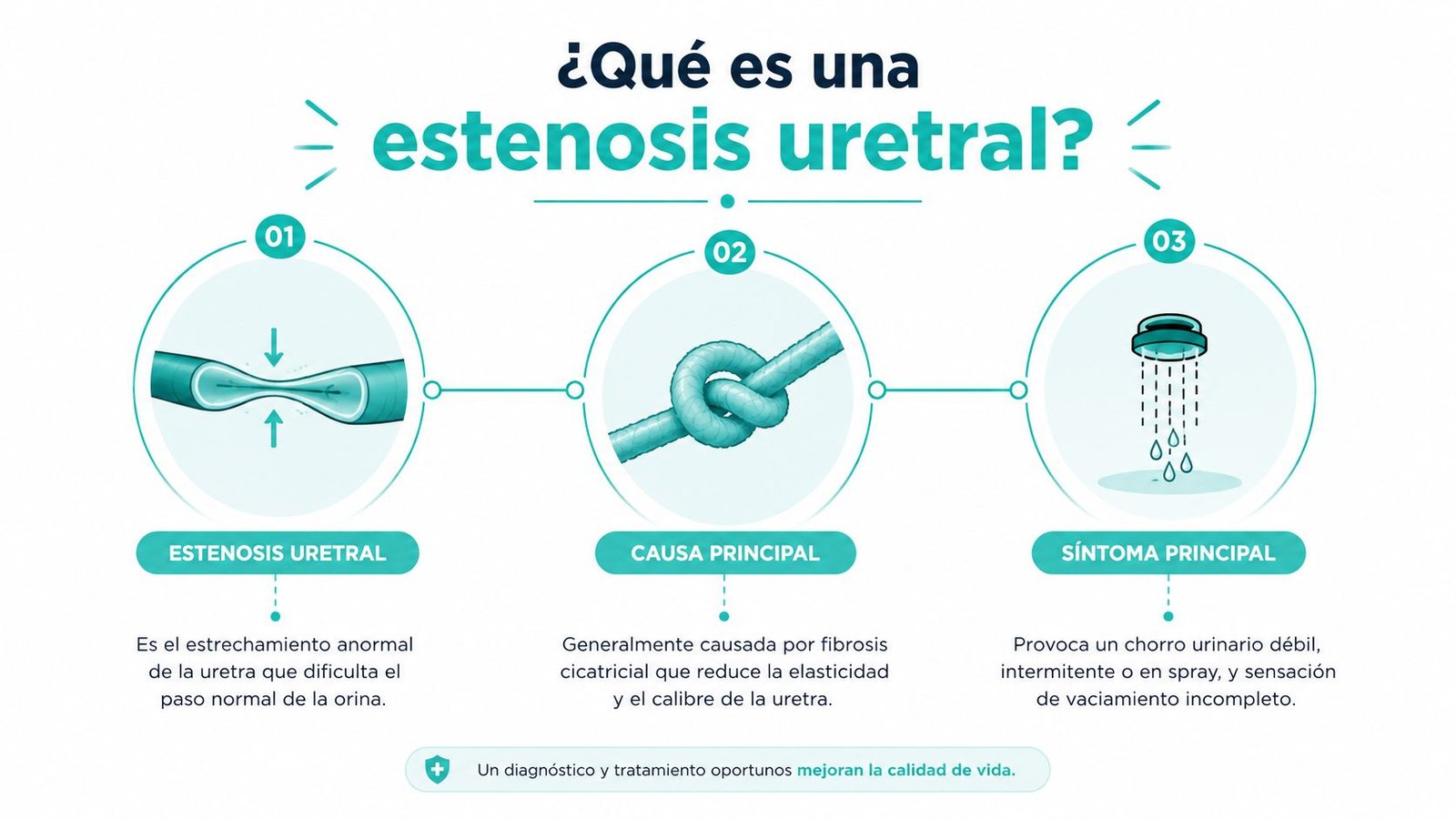 Infografía sobre la estenosis uretral, explicando su definición, causas principales y los síntomas urinarios asociados.