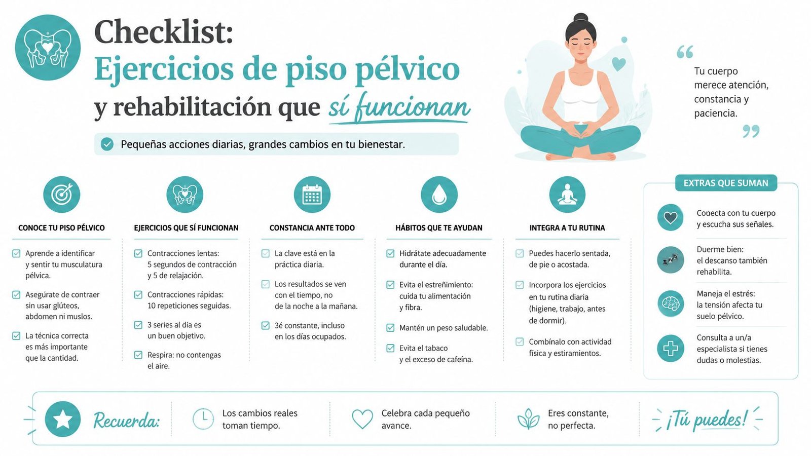 Una infografía informativa sobre ejercicios y hábitos recomendados para la rehabilitación y salud del piso pélvico.