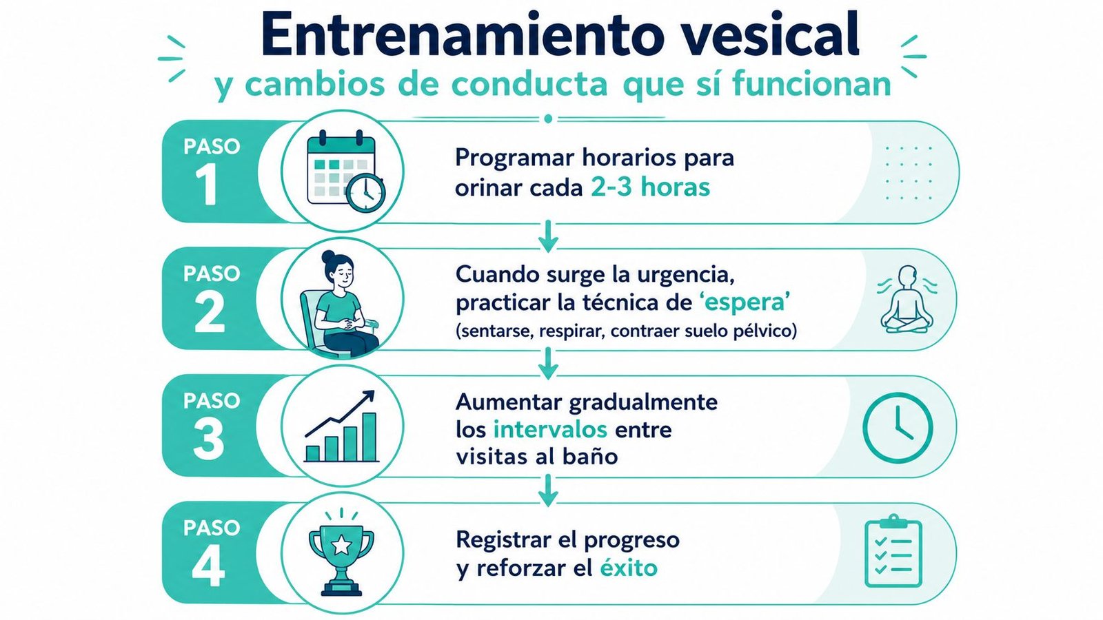 Infografía sobre entrenamiento vesical con cuatro pasos clave para mejorar el control de la vejiga.