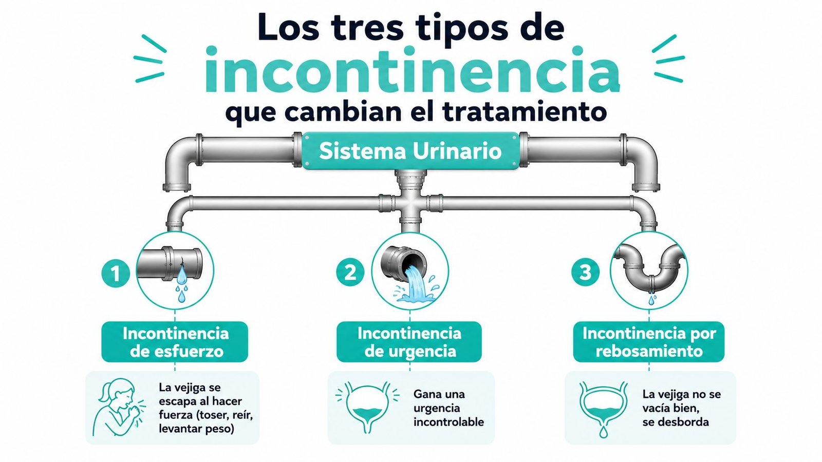 Infografía ilustrativa que explica los tres tipos de incontinencia urinaria usando analogías de tuberías y fontanería.