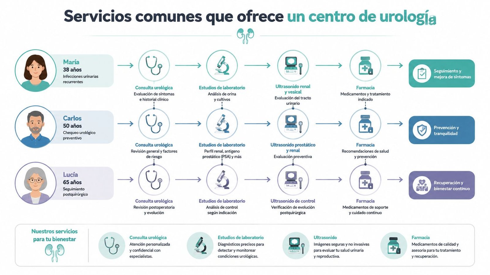 Infografía que muestra los servicios comunes de un centro de urología a través de tres casos clínicos.